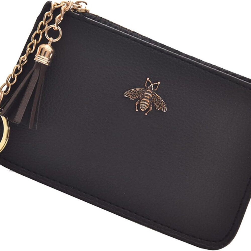 Coin Purse Change Wallet Pouch Leather Card Holder with Key Chain Tassel ZipBlac
